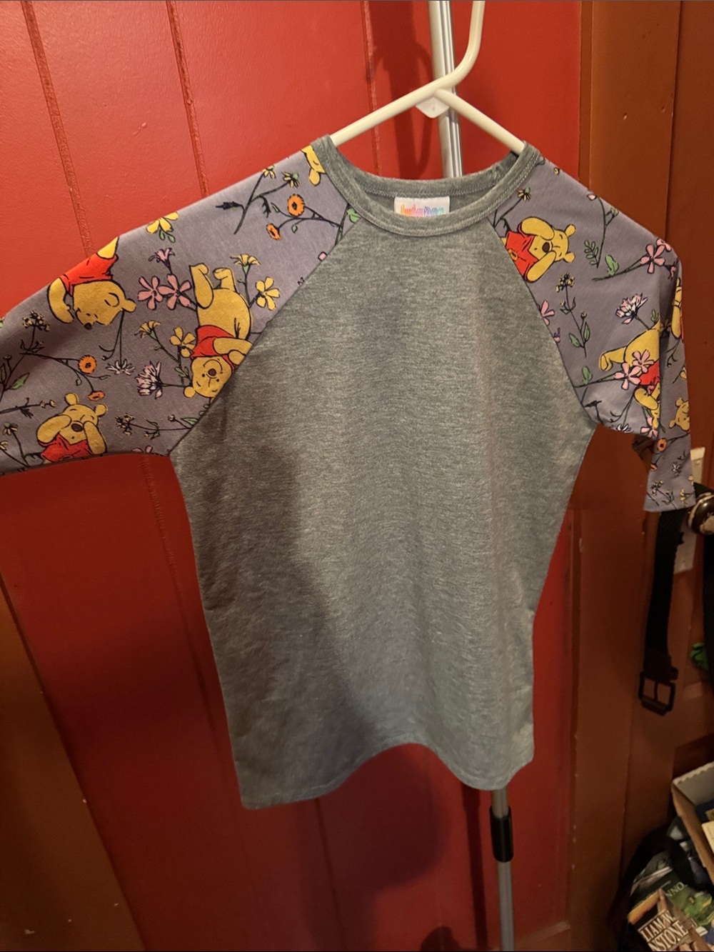 LuLaRoe Gray Raglan Tee with Winnie-the-Pooh Floral Sleeves